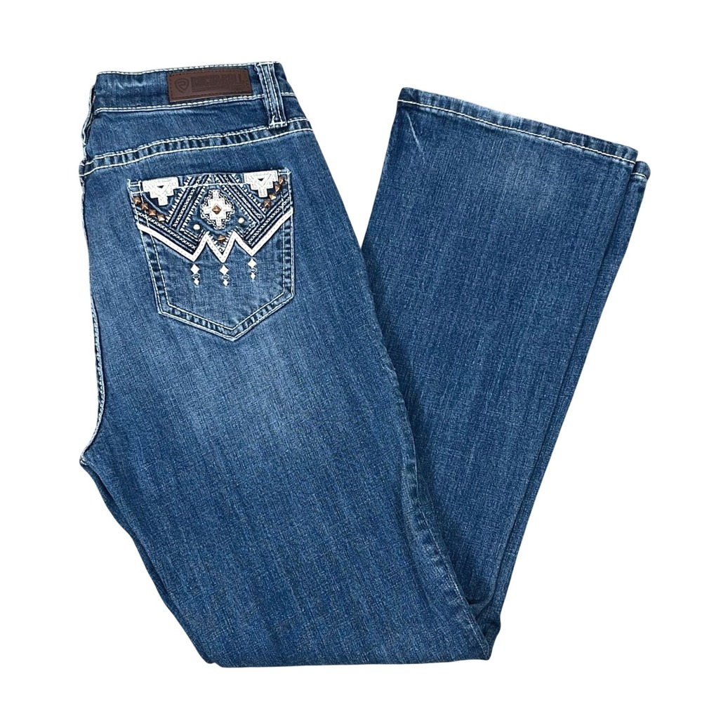 Rock & Roll Denim Metallic Aztec Bootcut Jeans 30x32 Blue Embroidered Cowgirl